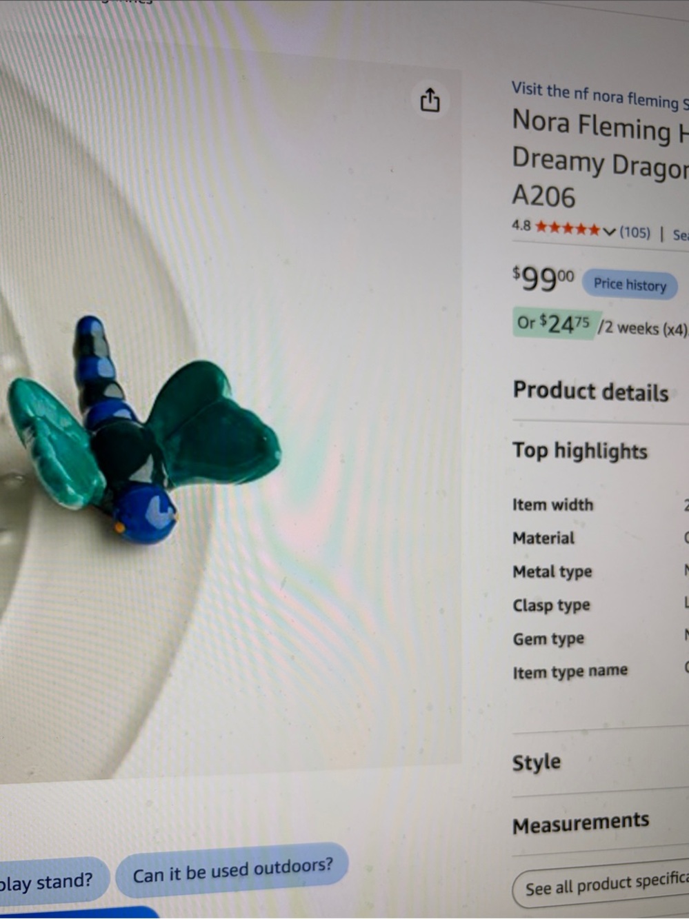 Nora Fleming Retired Dragonfly mini in green and Blue